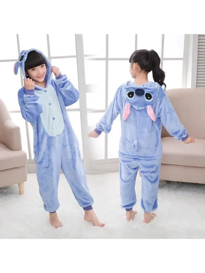 Stitch Pajamas Children Cartoon Plush Kigurumi Onesies Winter Warm Clothes for Boys Girls Christmas Gift
