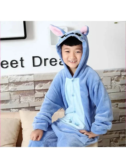 Stitch Pajamas Children Cartoon Plush Kigurumi Onesies Winter Warm Clothes for Boys Girls Christmas Gift