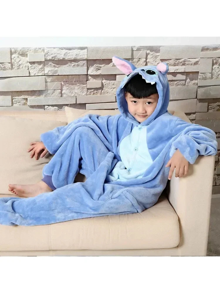 Stitch Pajamas Children Cartoon Plush Kigurumi Onesies Winter Warm Clothes for Boys Girls Christmas Gift