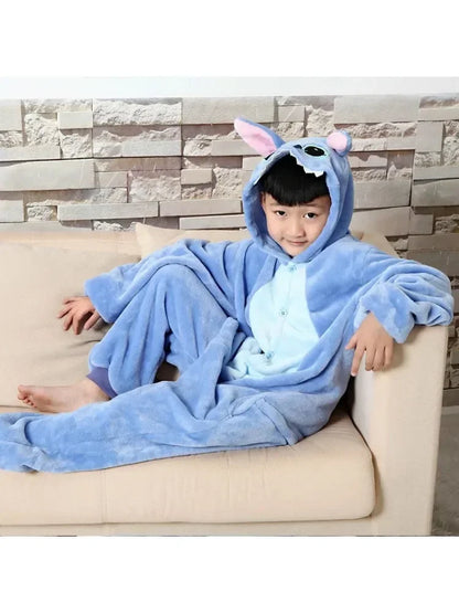 Stitch Pajamas Children Cartoon Plush Kigurumi Onesies Winter Warm Clothes for Boys Girls Christmas Gift