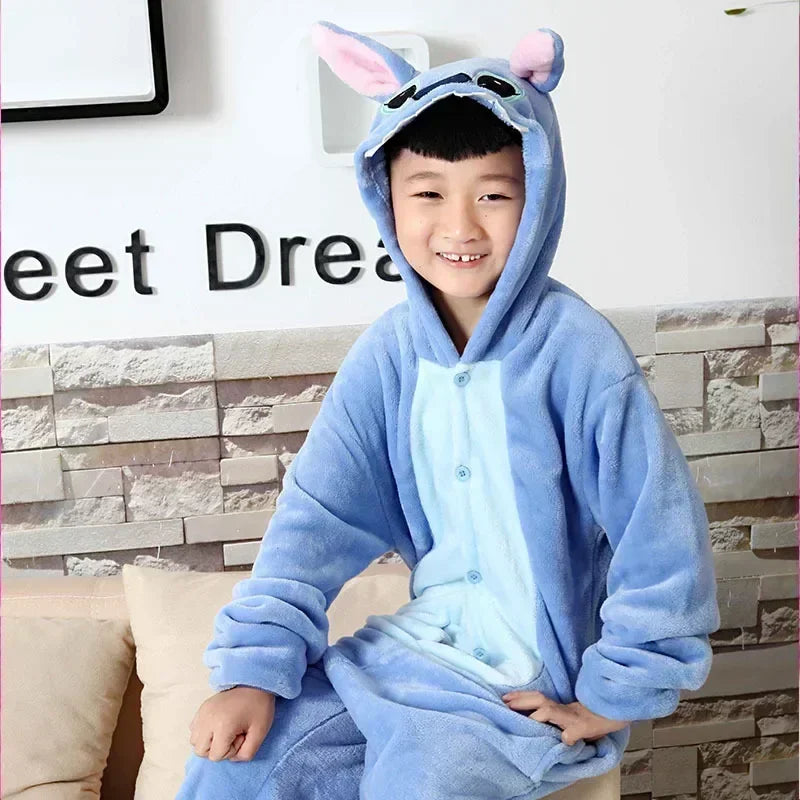 Stitch Pajamas Children Cartoon Plush Kigurumi Onesies Winter Warm Clothes for Boys Girls Christmas Gift