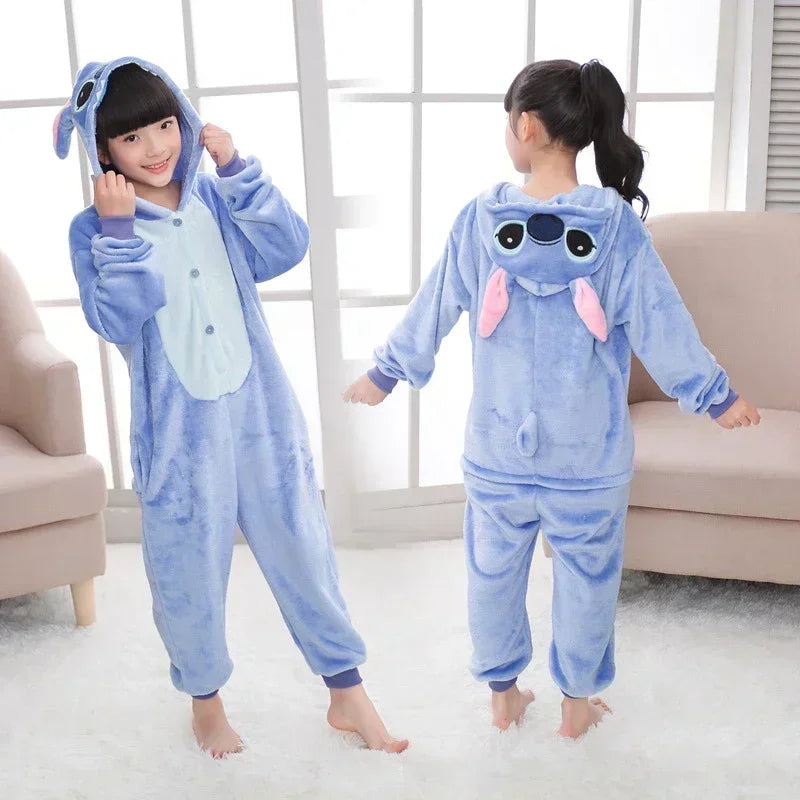 Stitch Pajamas Children Cartoon Plush Kigurumi Onesies Winter Warm Clothes for Boys Girls Christmas Gift
