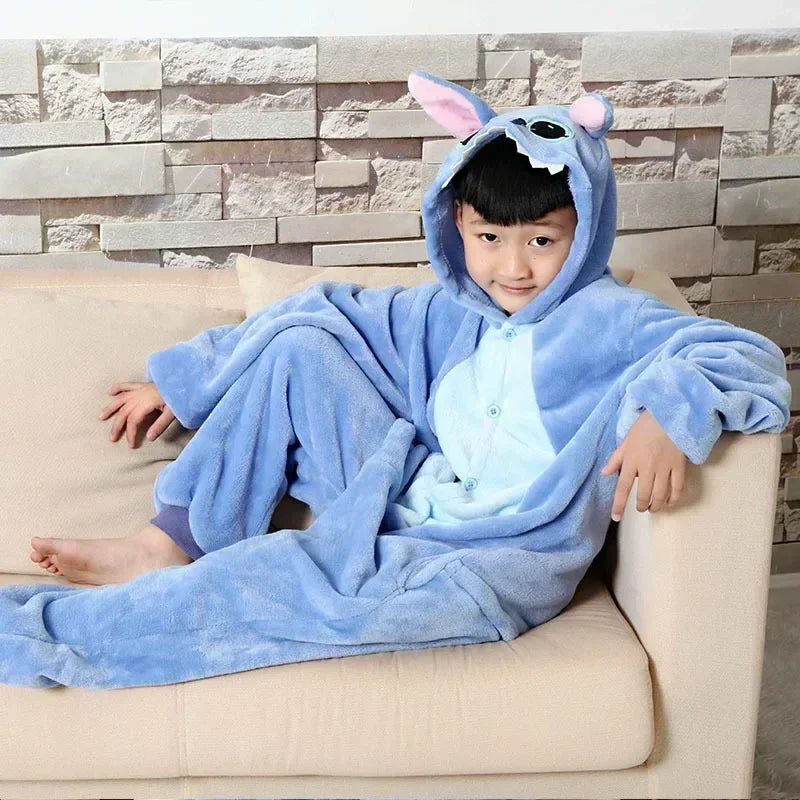 Stitch Pajamas Children Cartoon Plush Kigurumi Onesies Winter Warm Clothes for Boys Girls Christmas Gift